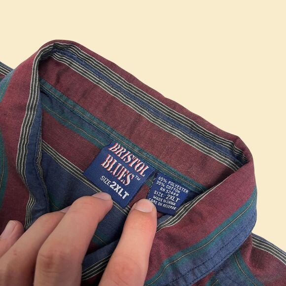 Vintage 90s striped shirt, size 2XLT Bristol Blues burgundy/green long sleeve - Picture 4 of 9